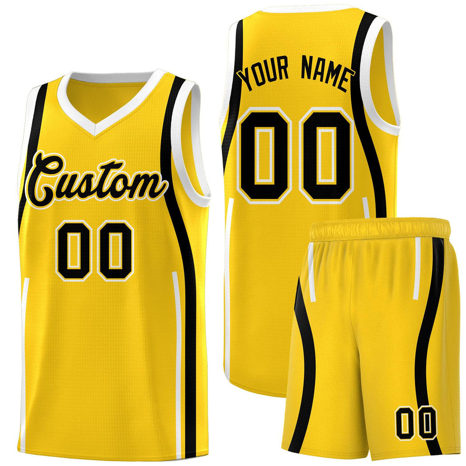 Custom Gold Black-White Ribbon Pattern Basketball Kits