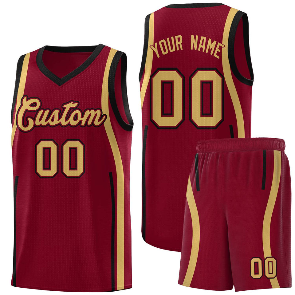 Custom Crimson Old Gold-Black Ribbon Pattern Basketball Kits
