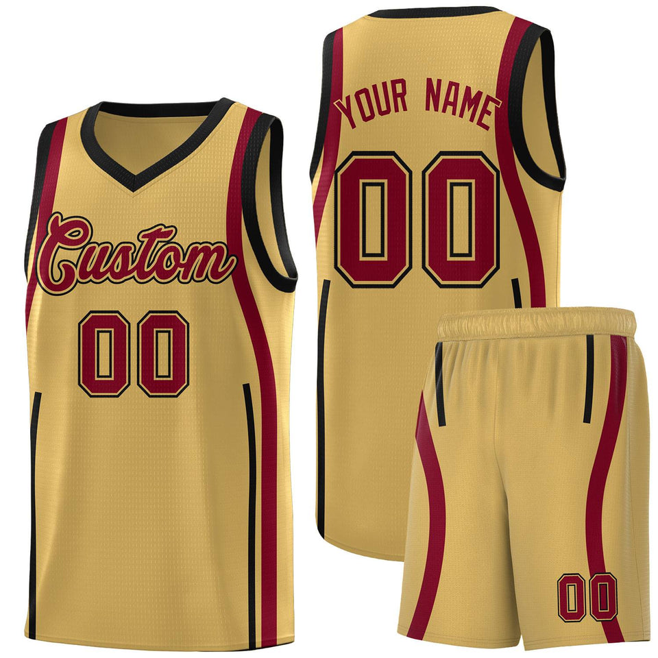Custom Old Gold Crimson-Black Ribbon Pattern Basketball Kits