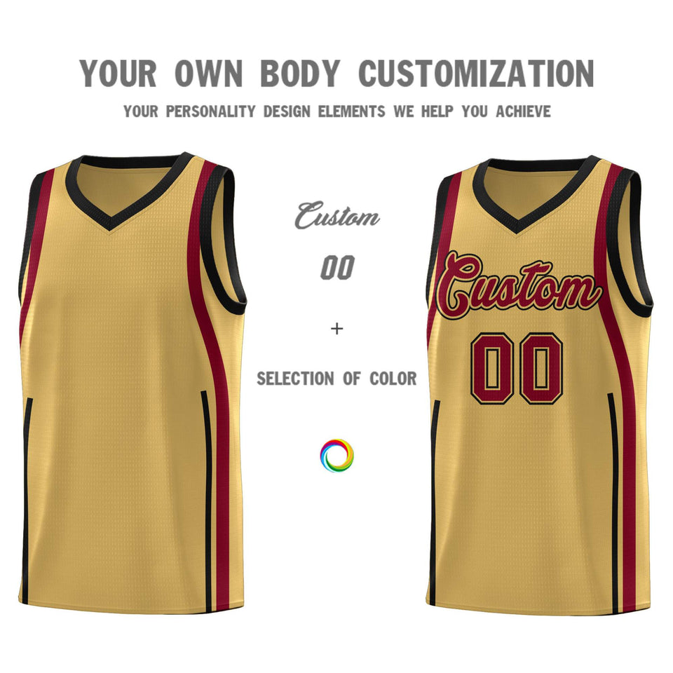 Custom Old Gold Crimson-Black Ribbon Pattern Basketball Kits
