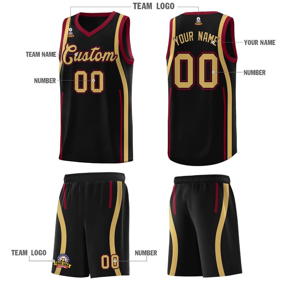 Custom Black Crimson-Old Gold Ribbon Pattern Basketball Kits