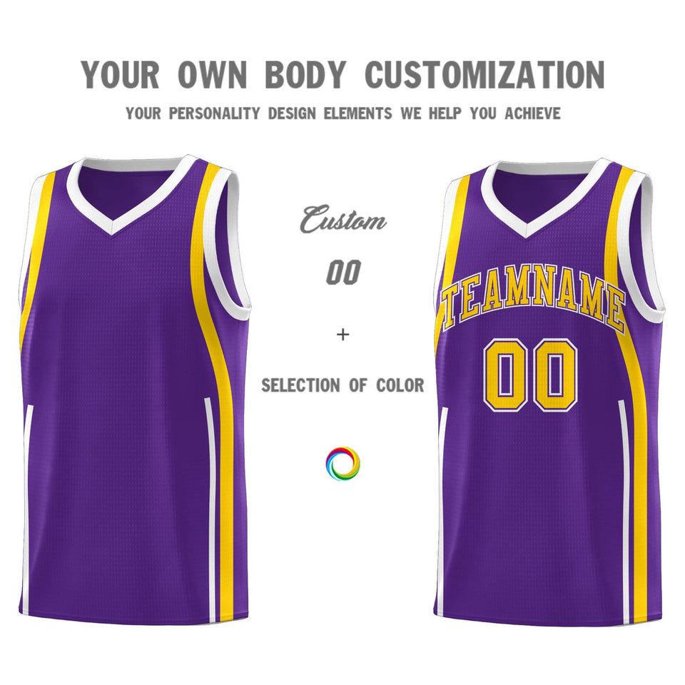 Custom Purple Gold-White Ribbon Pattern Basketball Kits