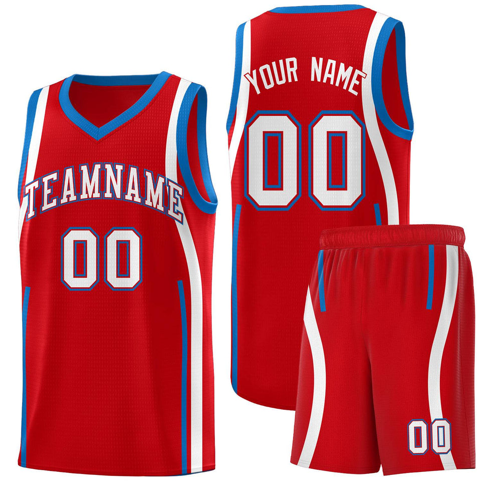 Custom Red Royal-White Ribbon Pattern Basketball Kits