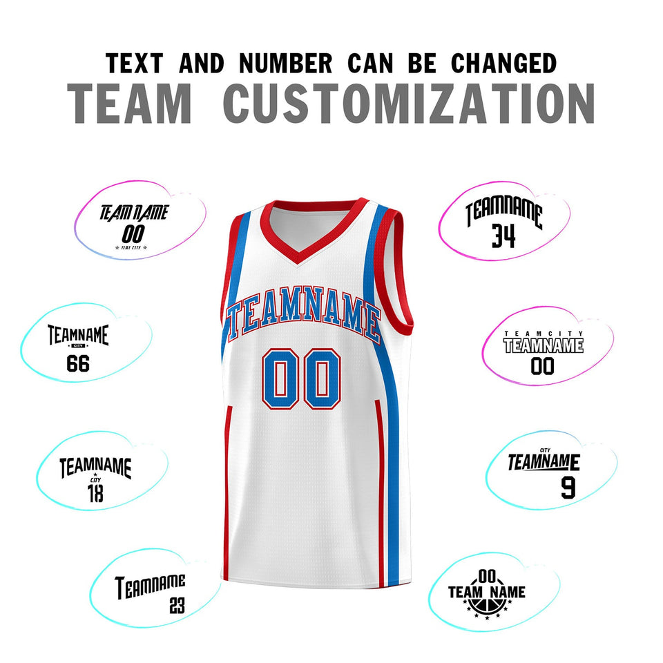 Custom White Royal-Red Ribbon Pattern Basketball Kits