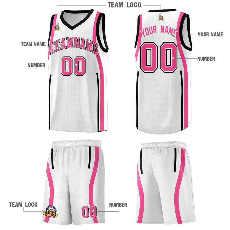 Custom White Pink-Black Ribbon Pattern Basketball Kits