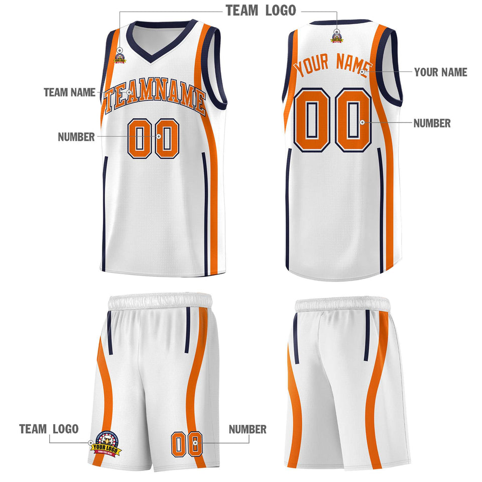 Custom White Navy-Orange Ribbon Pattern Basketball Kits