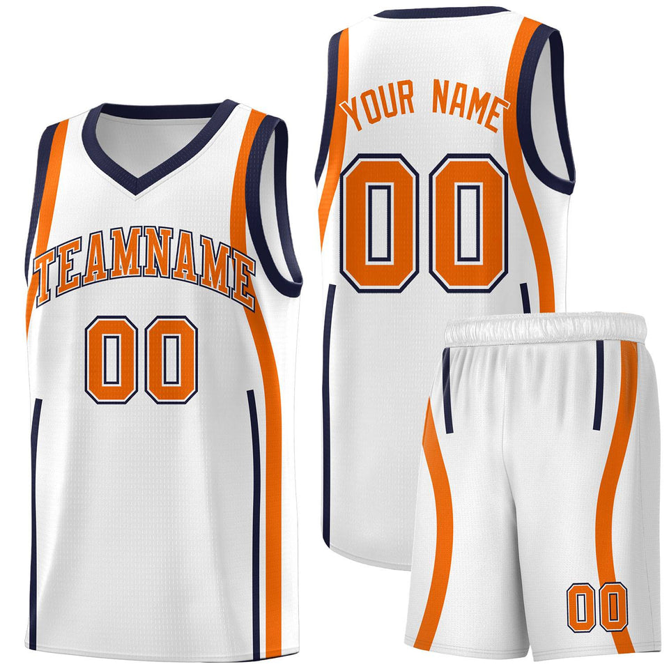 Custom White Navy-Orange Ribbon Pattern Basketball Kits