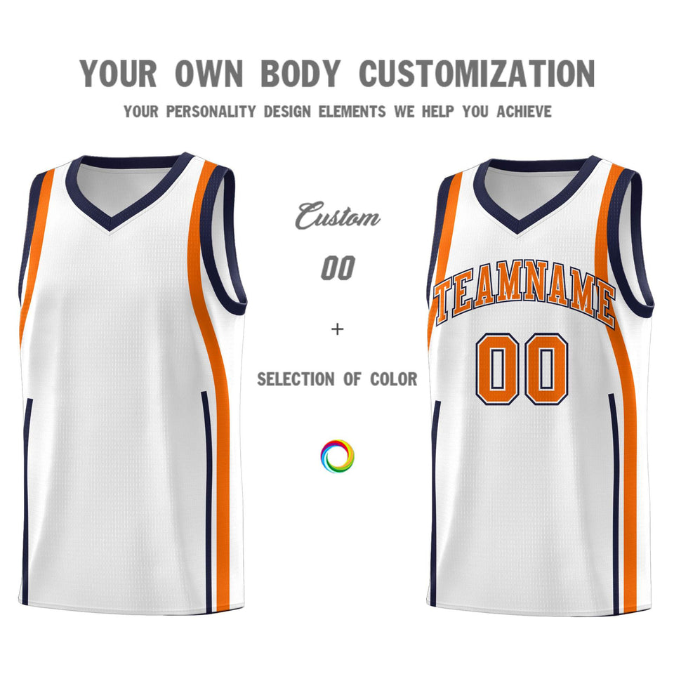 Custom White Navy-Orange Ribbon Pattern Basketball Kits