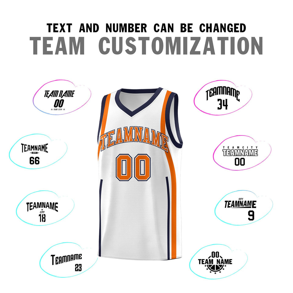 Custom White Navy-Orange Ribbon Pattern Basketball Kits