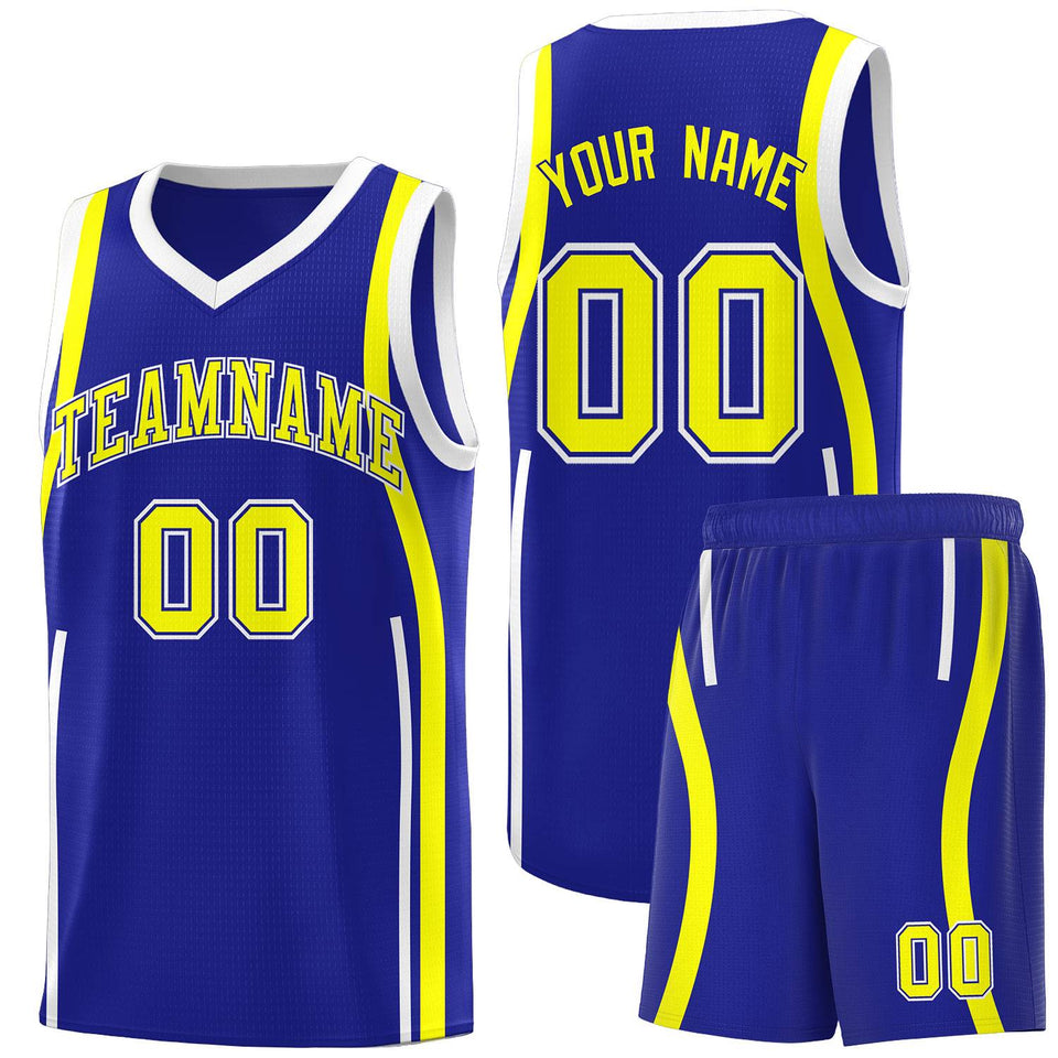 Custom Royal Fluorescent Yellow-White Ribbon Pattern Basketball Kits