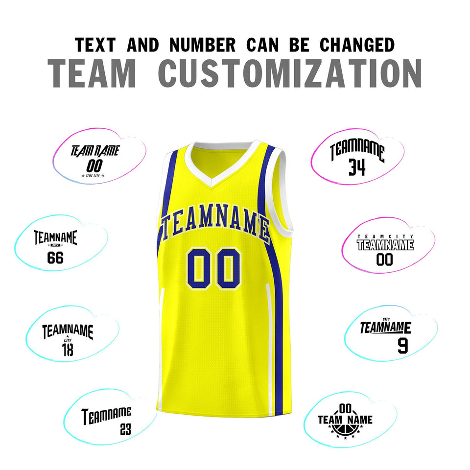 Custom Fluorescent Yellow Royal-White Ribbon Pattern Basketball Kits
