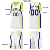 Custom White Royal-Fluorescent Yellow Ribbon Pattern Basketball Kits