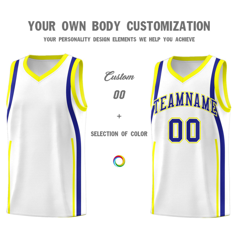 Custom White Royal-Fluorescent Yellow Ribbon Pattern Basketball Kits