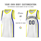 Custom White Royal-Fluorescent Yellow Ribbon Pattern Basketball Kits