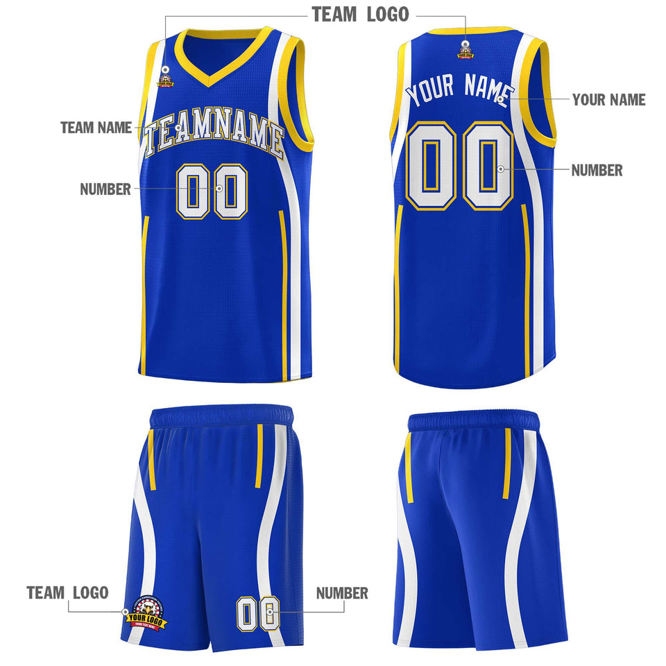 Custom Royal Gold-White Ribbon Pattern Basketball Kits