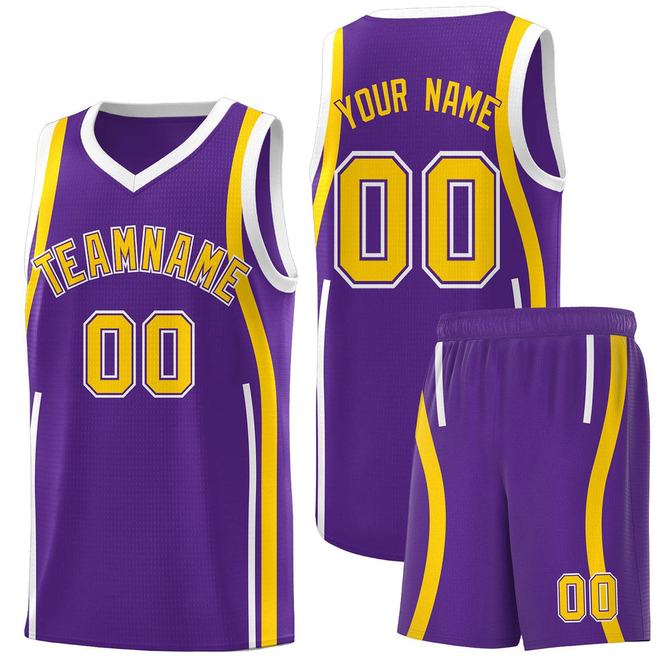Custom Purple Gold-White Ribbon Pattern Basketball Kits