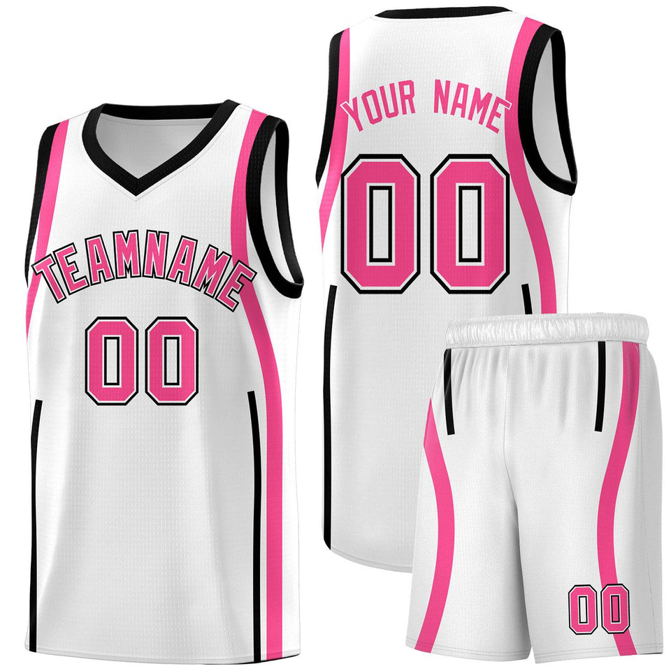 Custom White Pink-Black Ribbon Pattern Basketball Kits
