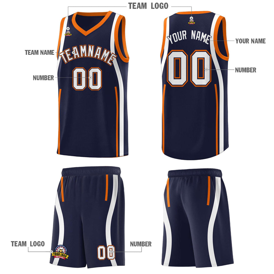 Custom Navy Orange-White Ribbon Pattern Basketball Kits