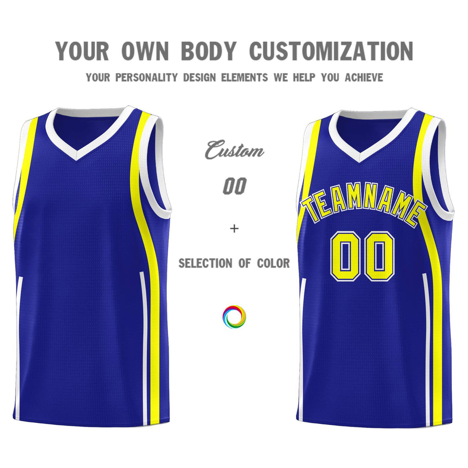 Custom Royal Fluorescent Yellow-White Ribbon Pattern Basketball Kits