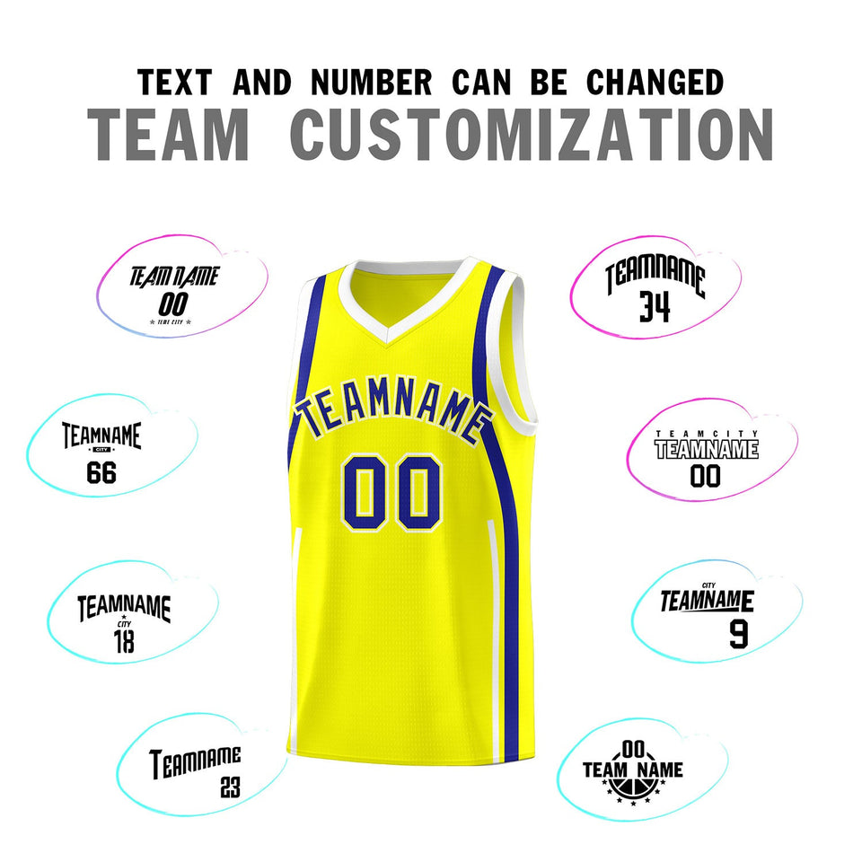 Custom Fluorescent Yellow Royal-White Ribbon Pattern Basketball Kits