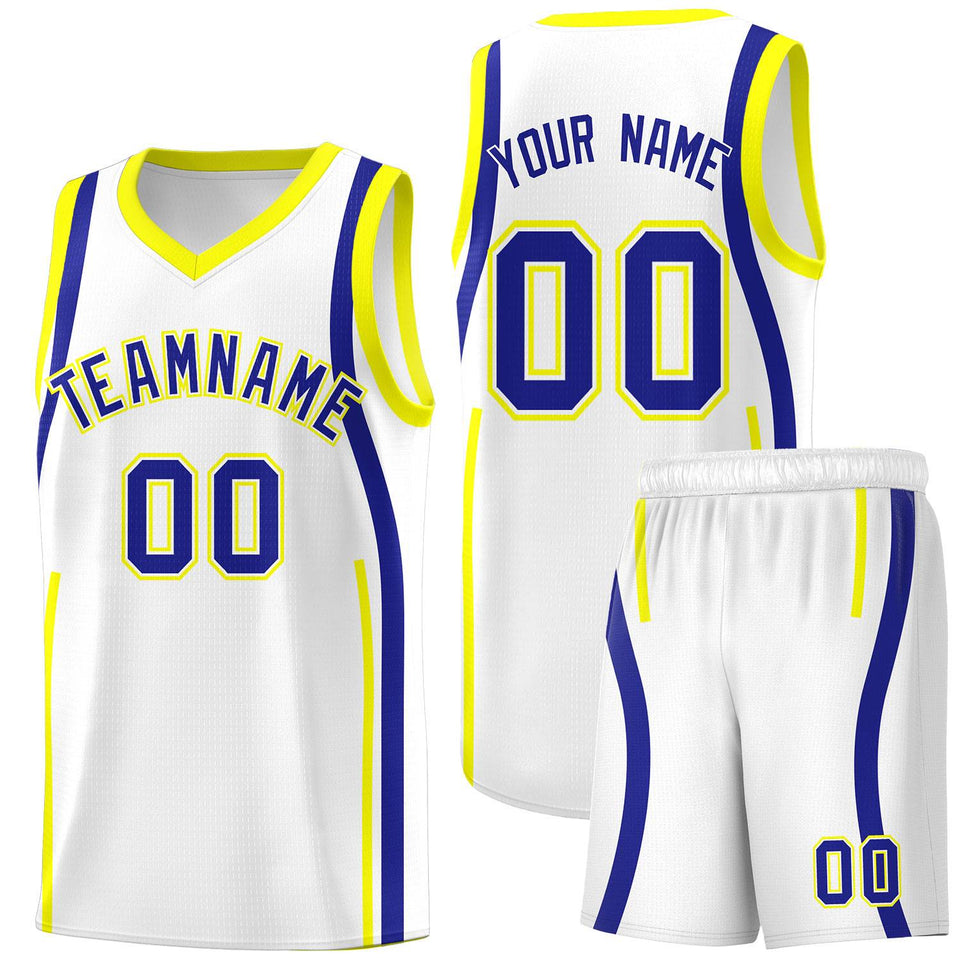 Custom White Royal-Fluorescent Yellow Ribbon Pattern Basketball Kits