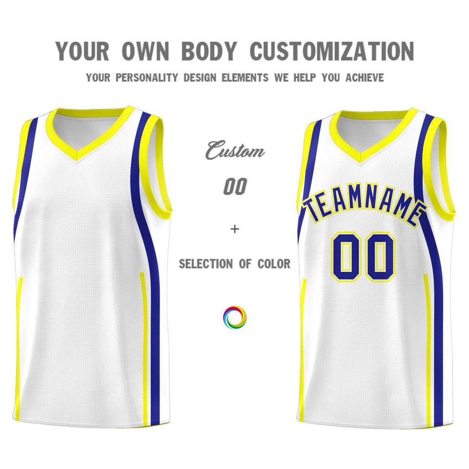 Custom White Royal-Fluorescent Yellow Ribbon Pattern Basketball Kits