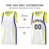 Custom White Royal-Fluorescent Yellow Ribbon Pattern Basketball Kits