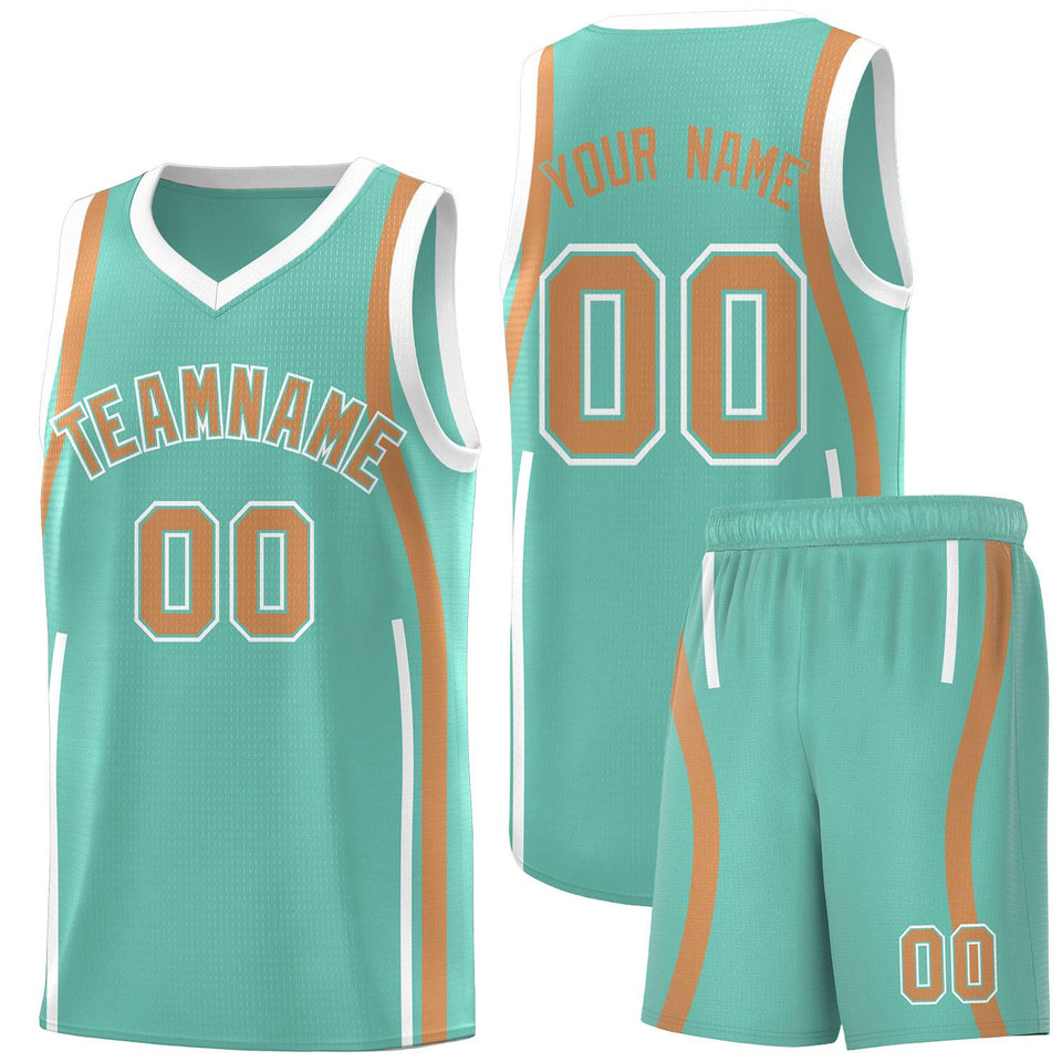 Custom Bright Green Buckskin Brown-White Ribbon Pattern Basketball Kits