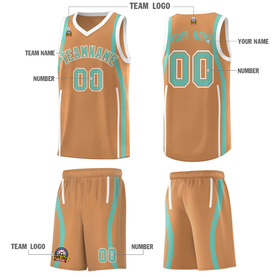 Custom Buckskin Brown Bright Green-White Ribbon Pattern Basketball Kits