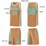Custom Buckskin Brown Bright Green-White Ribbon Pattern Basketball Kits