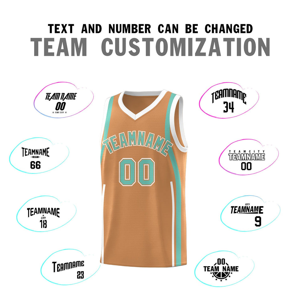 Custom Buckskin Brown Bright Green-White Ribbon Pattern Basketball Kits