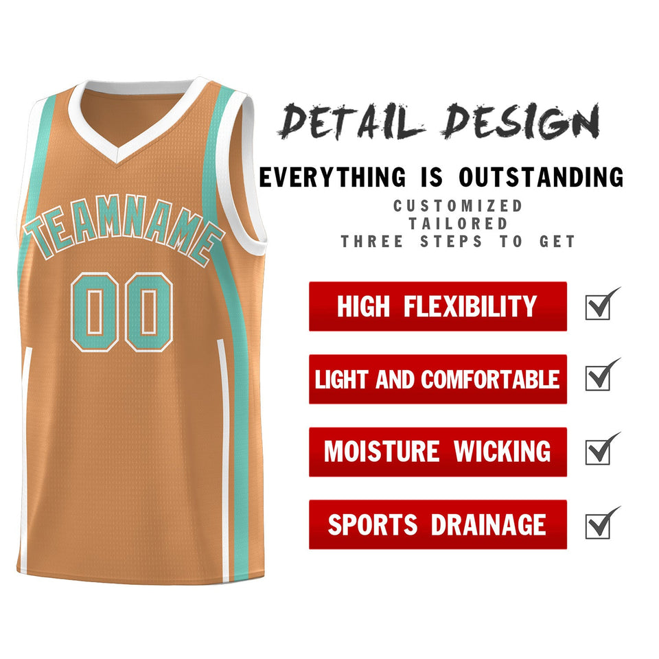 Custom Buckskin Brown Bright Green-White Ribbon Pattern Basketball Kits