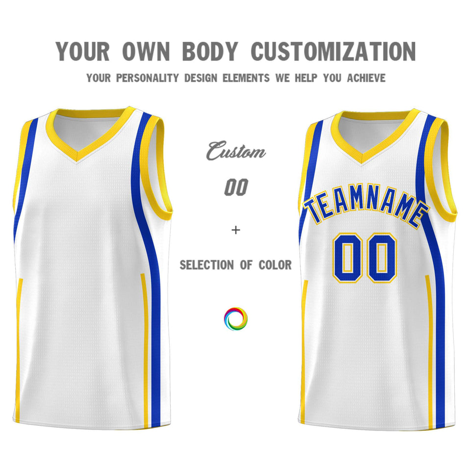 Custom White Royal-Gold Ribbon Pattern Basketball Kits
