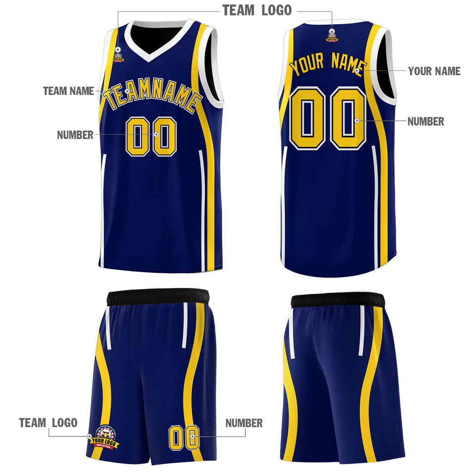 Custom Navy Gold-White Ribbon Pattern Basketball Kits