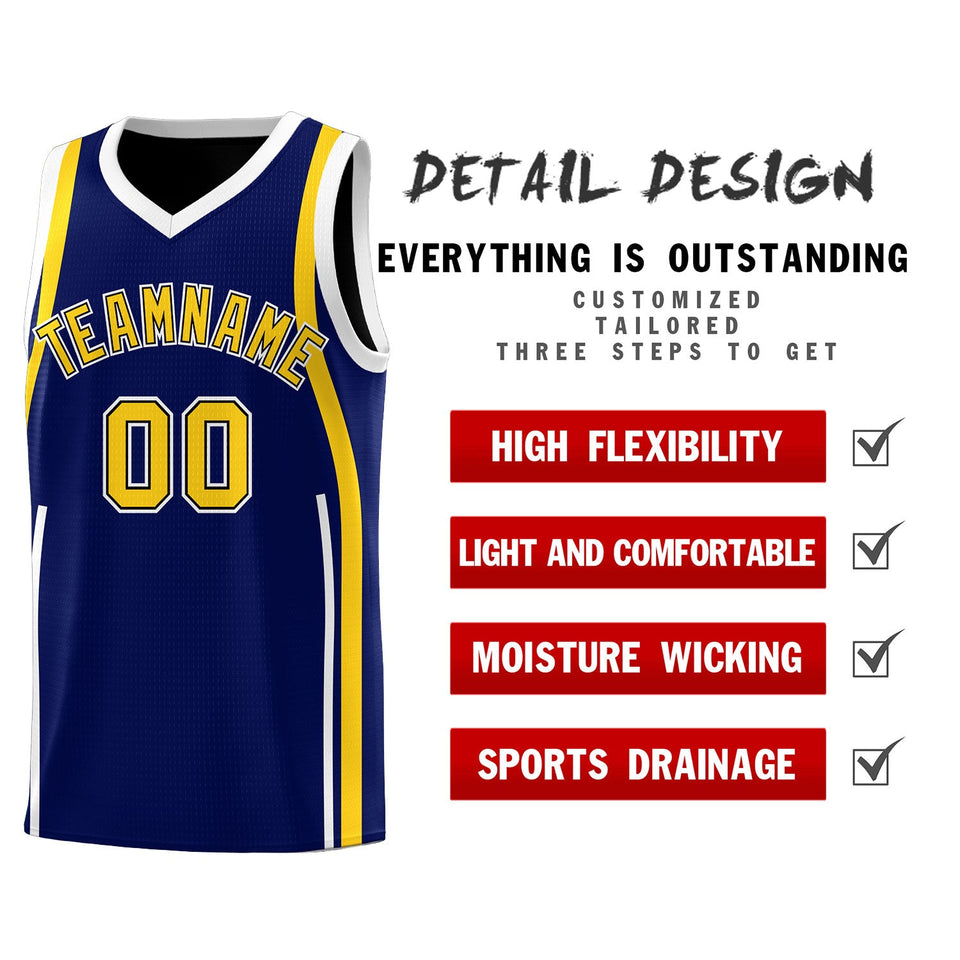 Custom Navy Gold-White Ribbon Pattern Basketball Kits