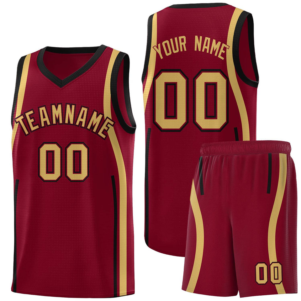 Custom Crimson Old Gold-Black Ribbon Pattern Basketball Kits