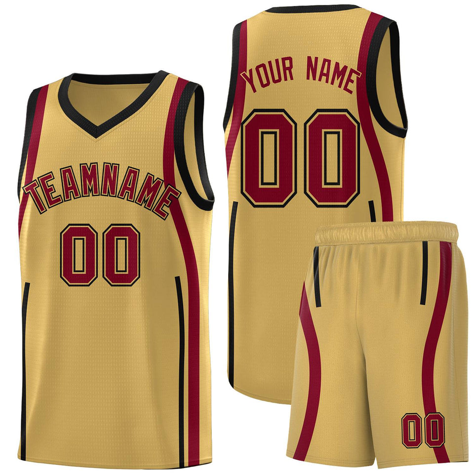 Custom Old Gold Crimson-Black Ribbon Pattern Basketball Kits