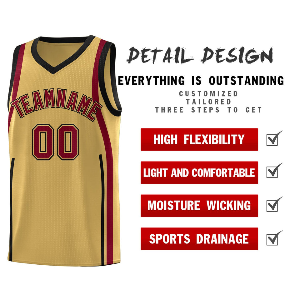 Custom Old Gold Crimson-Black Ribbon Pattern Basketball Kits