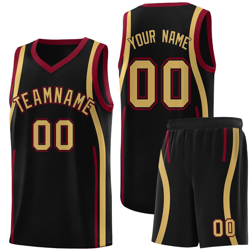Custom Black Crimson-Old Gold Ribbon Pattern Basketball Kits