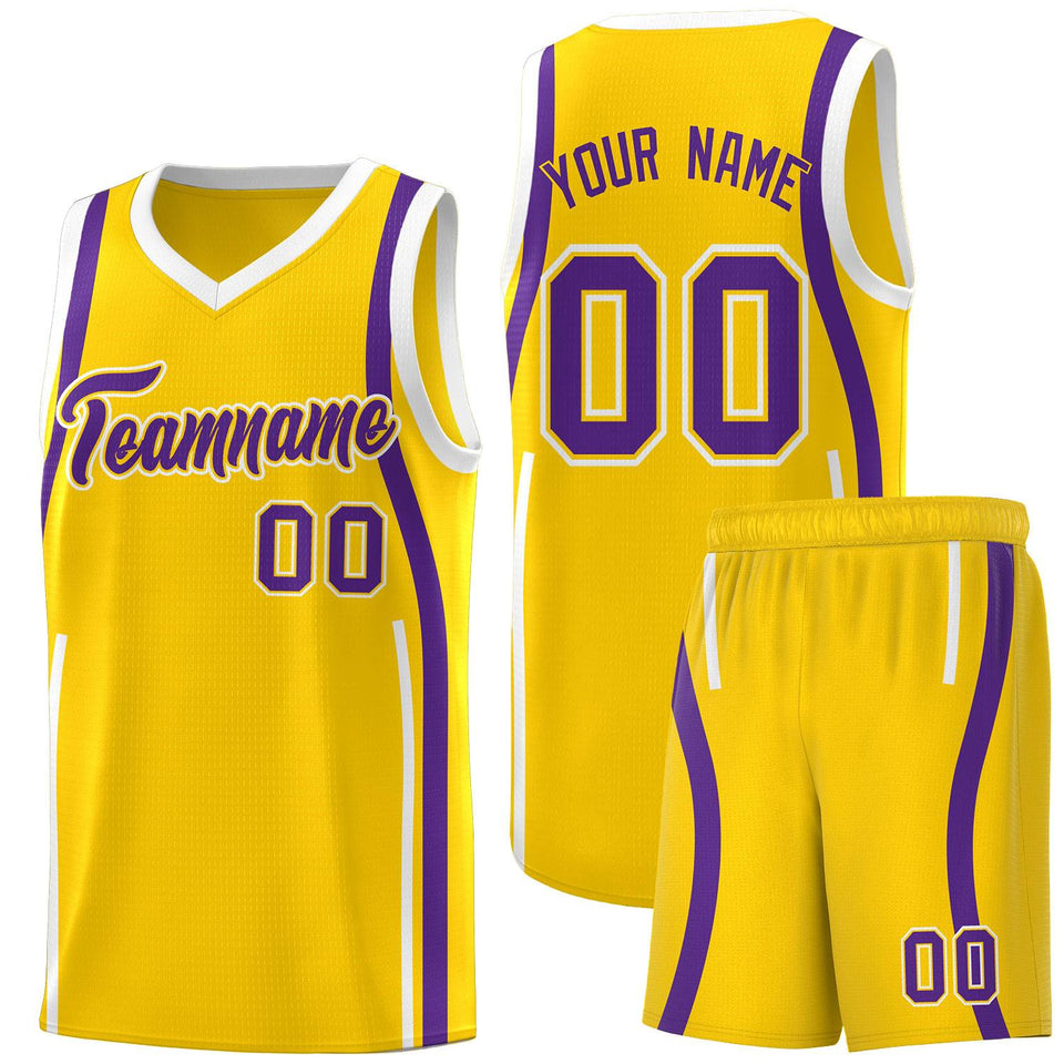 Custom Gold Purple-White Ribbon Pattern Basketball Kits