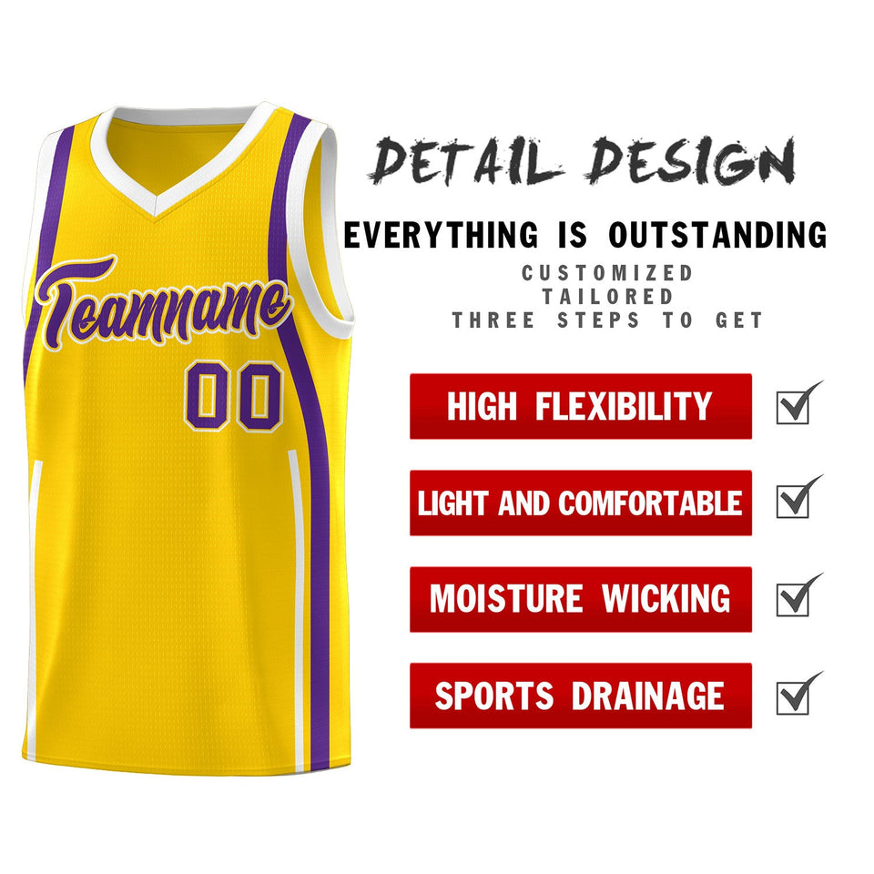 Custom Gold Purple-White Ribbon Pattern Basketball Kits