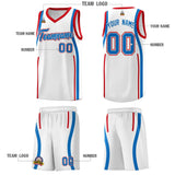 Custom White Royal-Red Ribbon Pattern Basketball Kits