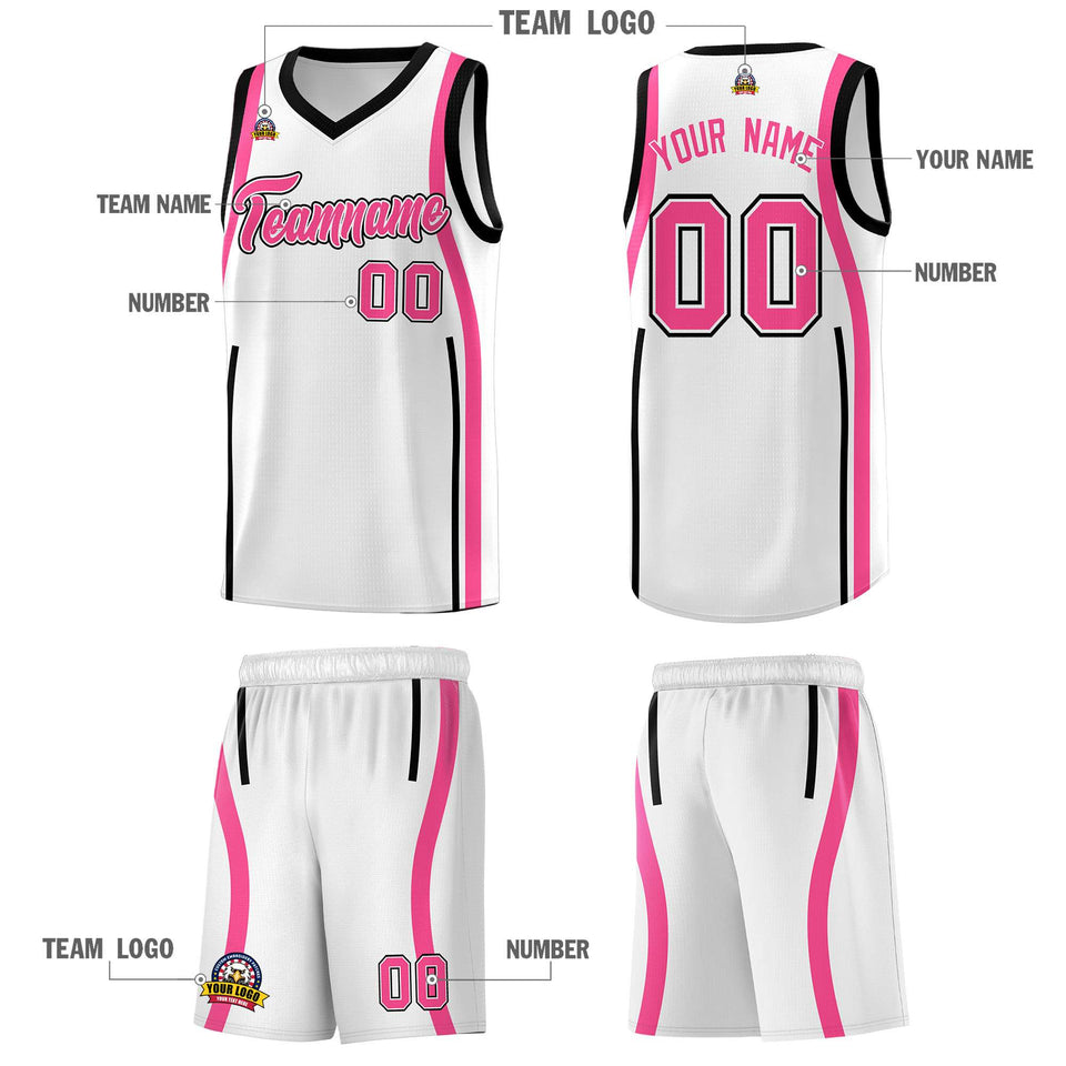 Custom White Pink-Black Ribbon Pattern Basketball Kits