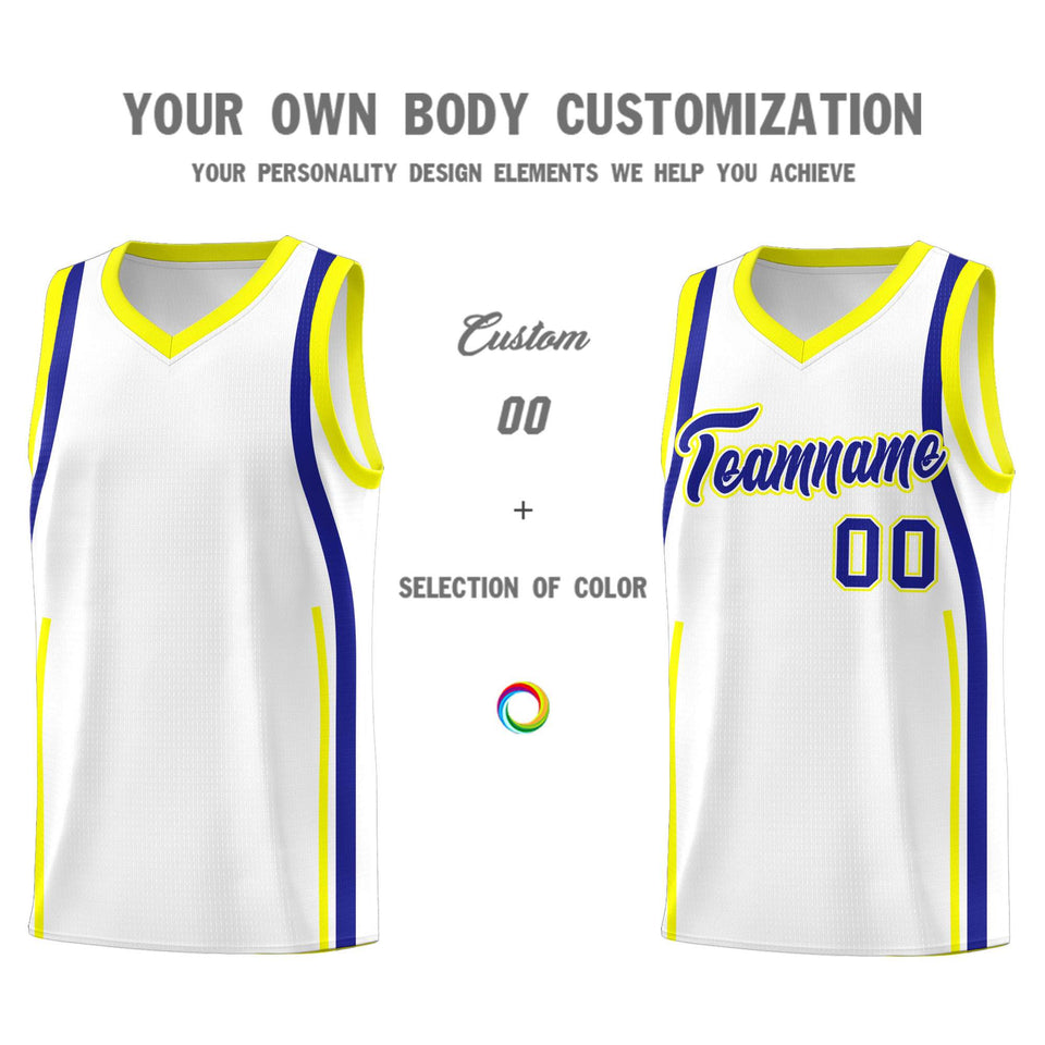 Custom White Royal-Fluorescent Yellow Ribbon Pattern Basketball Kits