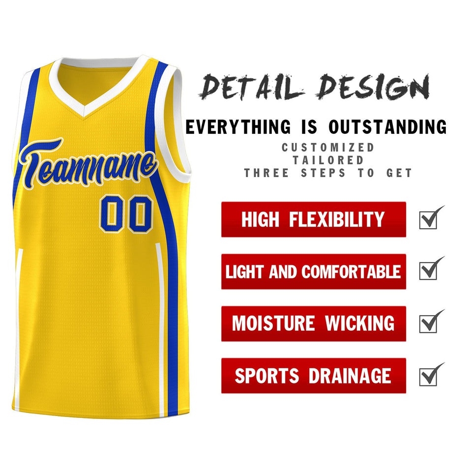 Custom Gold Royal-White Ribbon Pattern Basketball Kits