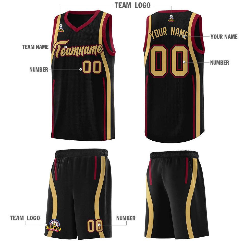 Custom Black Crimson-Old Gold Ribbon Pattern Basketball Kits