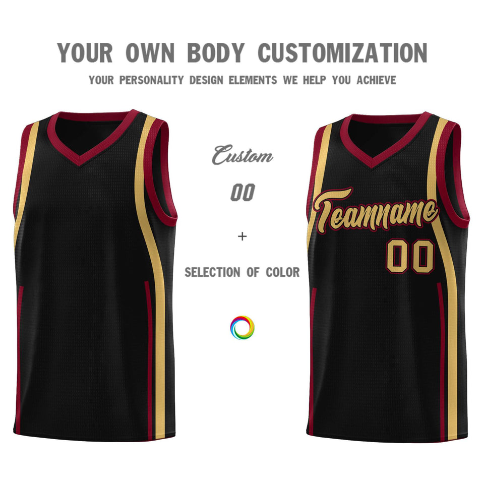 Custom Black Crimson-Old Gold Ribbon Pattern Basketball Kits