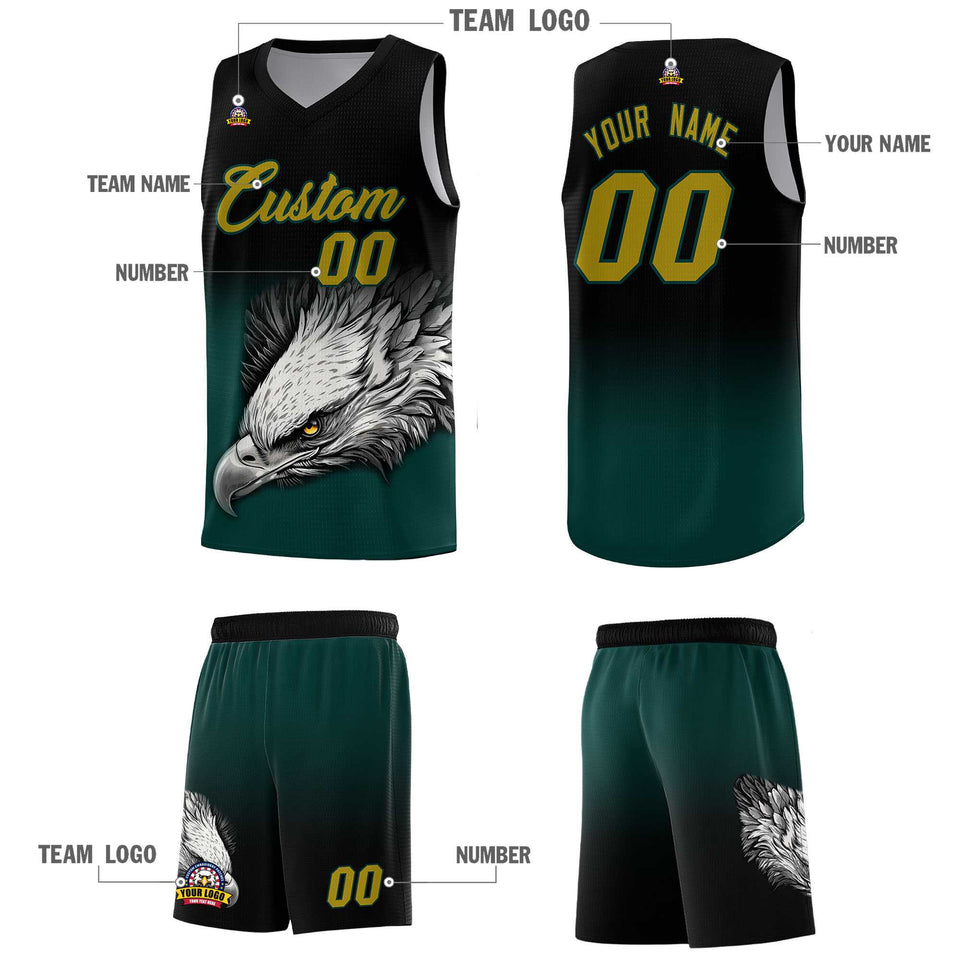 Custom Black Midnight Green Eagle Pattern Graffiti Pattern Sports Uniform Basketball Jersey