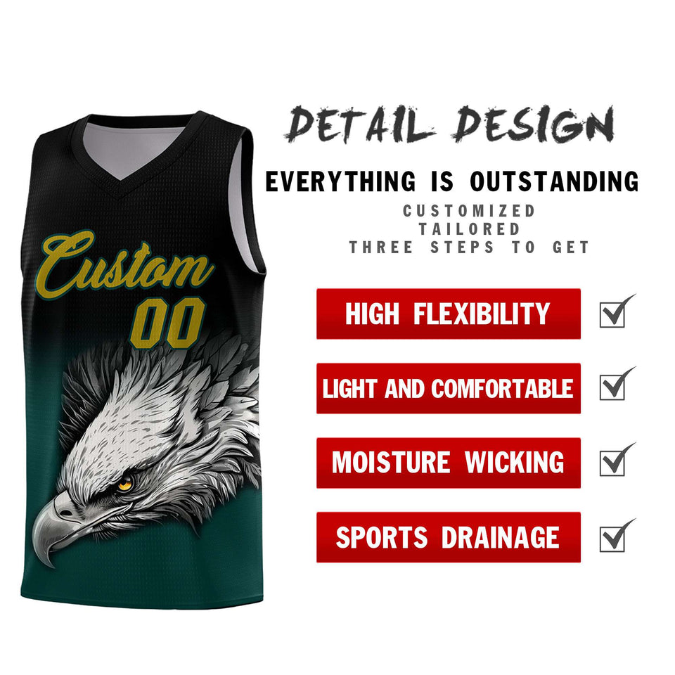 Custom Black Midnight Green Eagle Pattern Graffiti Pattern Sports Uniform Basketball Jersey
