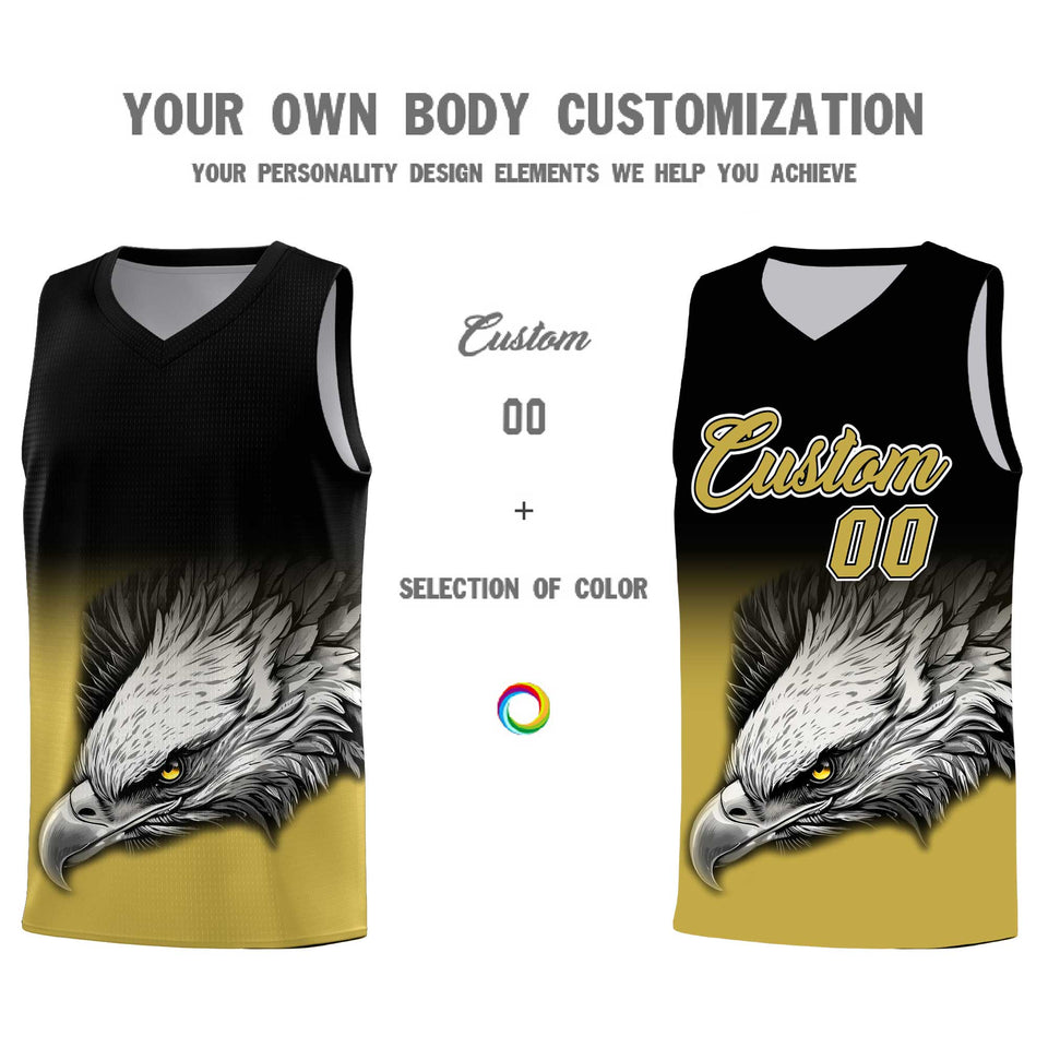 Custom Black Old Gold Eagle Pattern Graffiti Pattern Sports Uniform Basketball Jersey